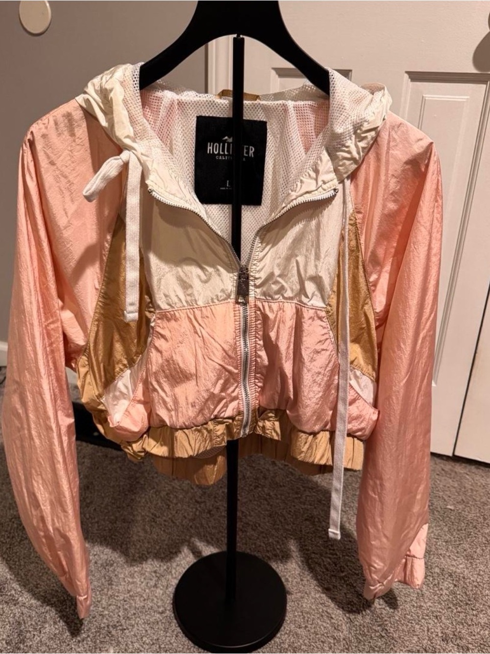 Hollister Pink Colorblock Cropped Hooded Windbreaker Jacket L
